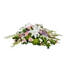 Sweet Dreams Casket Spray holds Pink Snapdragons, Soft Pink Carnations, White Oriental Lilies, Pink Roses accented with Purple Ribbon