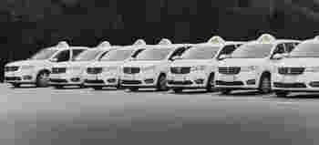 A row of white taxis parked in a lot, each with a rooftop taxi sign, set against a backdrop of greenery.