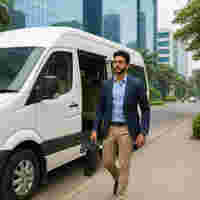 A man in a suit walks with a briefcase near a white van, in an urban setting with glass buildings.