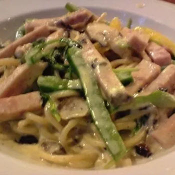 House Spaghetti with Cream Sauce topped with Turkey & Ham with Vegetables