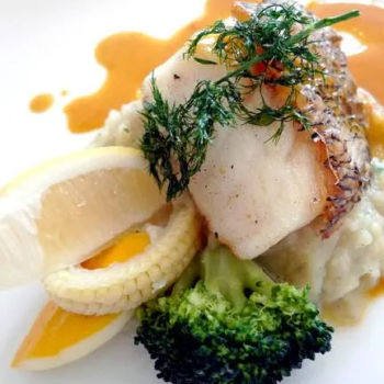 Pan Fried Cod Fish on Sweet Potato Puree with Carrot Mustard Sauce