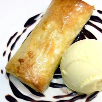 Banana Strudel with Peanut Butter Ice Cream and Chocolate Sauce