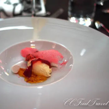 Charred strawberries saffron gelee, vanilla cream, freeze dried strawberry meringues, paired with Gin, Jasmine Lemon Sour Champagne Grapefruit peel