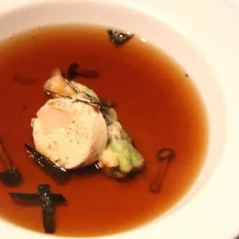 Double Boiled Free Range Chicken And Mushroom Consommé Served With Chicken And Scallop Terrine, Enoki Mushroom And Tempura Baby Asparagus
