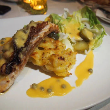 Pan Grilled Salmon on Potato Gratin