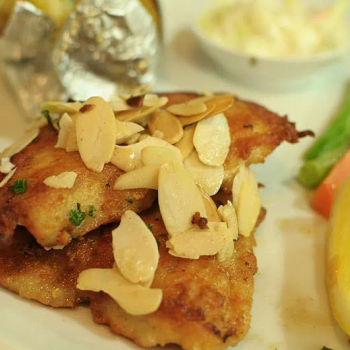 Almond Nut Fish Fillet serve with Jacket Potato and Salad
