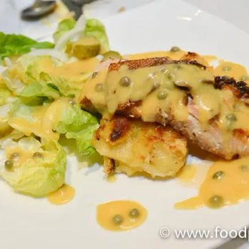 Pan grilled Salmon on Potato Gratin