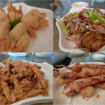 Deep Fried Prawn with Fruit Salad, Fried Carrot Cake, Deep Fried Squid Tentacles with Salt, Deep Fried Eggplant with Chicken Floss