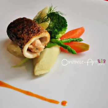 Main Course 2 - Oven Roasted Sea Bass Rolled with Lobster Mousse served with Spicy Sauce