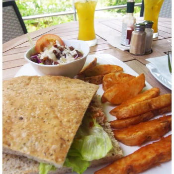 Thai Style Tuna (Spicy One) Focaccia With Potato Wedges And Salad