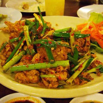 Squid fritters with spring onions and chilies