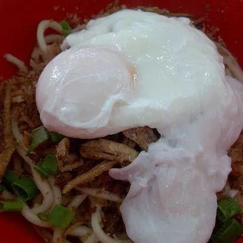dry pan mee crowned with an egg