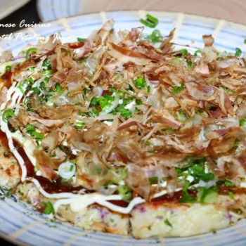 Seafood Okonomiyaki with choices of topping of Smoked Salmon, Unagi, Chicken, Seafood and Vegetarian)