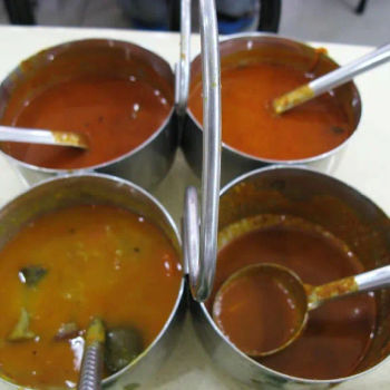 sambal, curry fish, curry mutton and curry beef