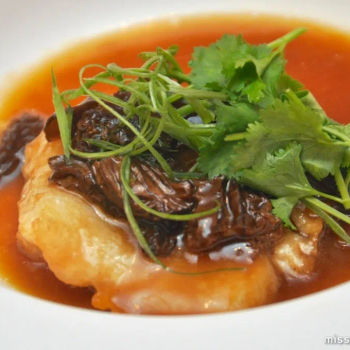 Pan Fried Cod Fish with Braised Morel Mushroom and Black Fungus in Oyster Sauce with a touch of Truffle Oil