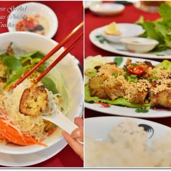 Grilled Lemongrass Chicken Paired With A Bowl Of Rice Vermicelli Noodles And Julienned Carrot, Raw Vegetables And Chopped Peanuts