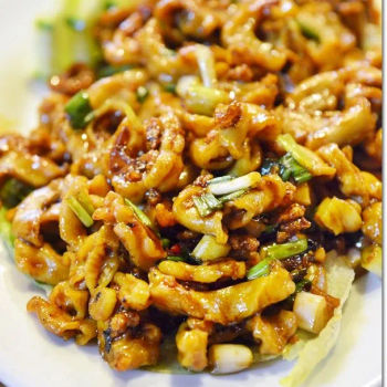 Stir fried Pig’s Intestines with Dried Chillies, Onions, Lard fritters and Scallion.