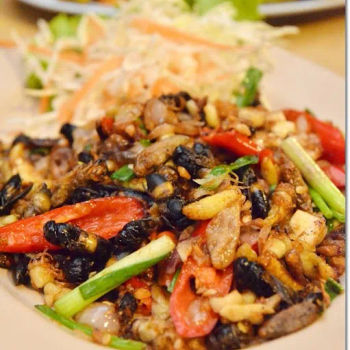 Fried Hornets (Tebuan In Malay) And Larvae With Red Chillies, Garlic And Spring Onion