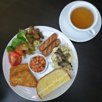 Hearty Breakfast with a cup of English Breakfast tea