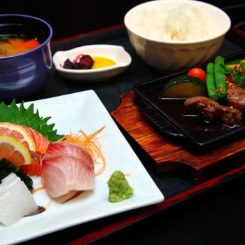 assorted sashimi and beef teppanyaki