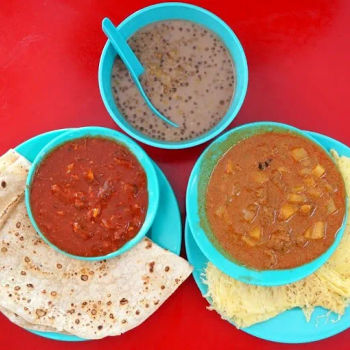 Chapati and Sambal Sardin (RM3.50).  Roti Jala (6 pieces) and Beef Curry (RM5.00). A bowl of Bubur Kacang (RM1.50)
