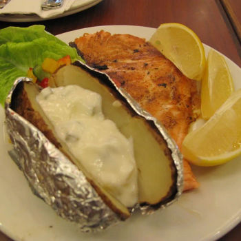 Grilled Salmon and Baked Potato with Homemade Tartar Sauce