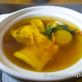 Double boiled 6 head abalone soup with fish maw and “Ming Mu Fish”