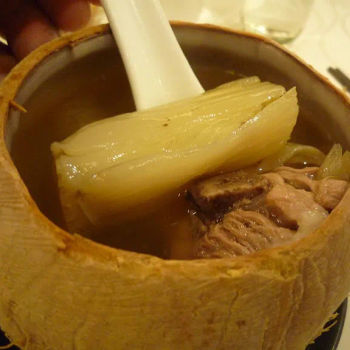 Double-boiled Coral Shark's Fin in coconut with chicken meat and vegetable