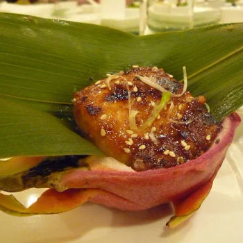 Baked white Tuna fish with special sauce in a Dragon fruit boat