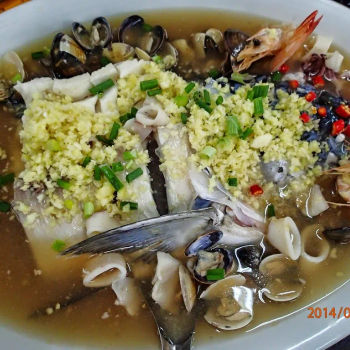 Steamed Fish Head With Lala Clams, Prawns And Squids