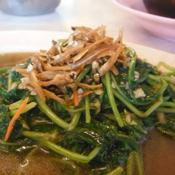 Stir Fried Tapioca Leaves With Anchovies