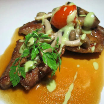 Iberico Pork Neck With Mushrooms and Wasabi Sauce