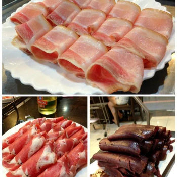 Beef slices, lamb slices and pork blood slices