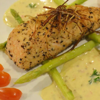 Grilled Salmon Steak Fillet with Potatoes, Asparagus and Carrots top up with Citrusy & Tangy Cream Sauce