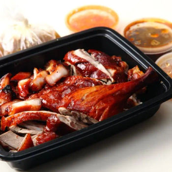 Roasted duck with plum, sweet and chilli sauce. 