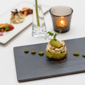 Marinated Crabmeat with Avocado, Momotoro Tomato and Basil Sorbet