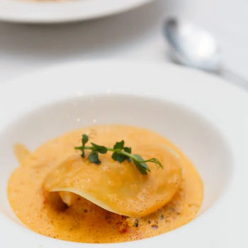 Ravioli with Poached Canadian Lobster, Fine Vegetables and Seafood Emilsion