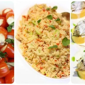 Mozzarella and Tomato Caprese with Aged Balsamic, Sun Dried Tomato Cous-Cous Salad with Asparagus and Bell Peppers, Italian Polenta with Grilled Fennel and Gorgonzola Dressing.