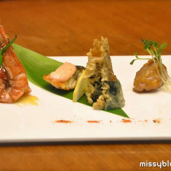 Live Tiger Prawn, Capelin Fish Tempura and Chicken Jibuni Style together with BBQ Mackerel and Fish Roe