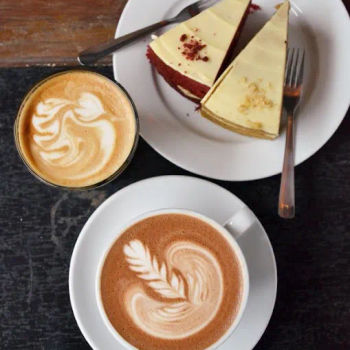 Mocha, Red Velvet Cake and Carrot Walnut Cake and Latte