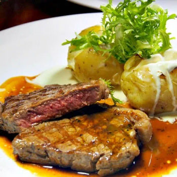 Grilled Black Angus Sirloin with Baked Potatoes and Sour Cream – “medium rare”