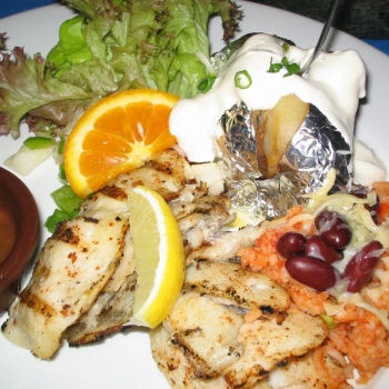 Fillet De Pescado With Baked Potato,Salsa,Mexican Rice And Beans.
