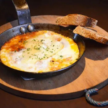 Pan Baked Beans with Eggs and Bacon Bits