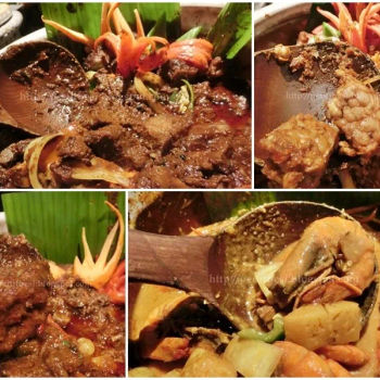 Daging Palimbang (beef), Sambal Tumis Tempe (fermented beans), Udang Gulai Nenas (prawns), Kuzi Kambing Tulang Rawan (mutton cartilage)