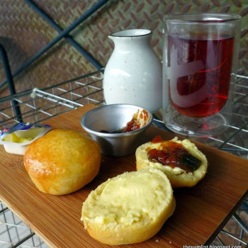 Scones, Danish Butter, Homemade Banana and Rhubarb Jam, English Breakfast Tea