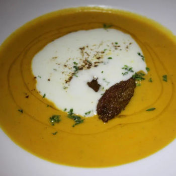 Duck Foie Gras Dumpling with Cappucino of Pumpkin soup with Roasted Cumin