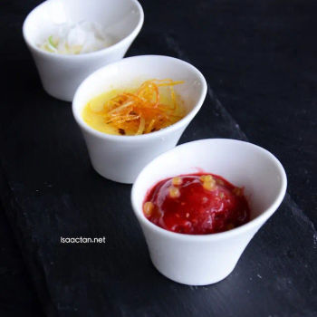 Orange Creme Brulee, White Chocolate Mousse and Berry Sorbet