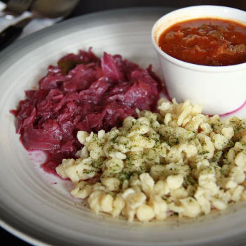 Beef Goulash with Red Cabbage Sauerkraut and Spaetzle