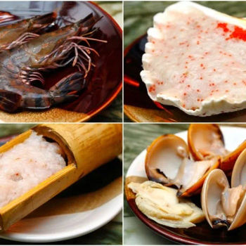 tiger prawns, fish paste, clams, abalone slices and prawn paste
