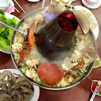 Grouper Fish Head Steamboat with copper pot and charcoal 